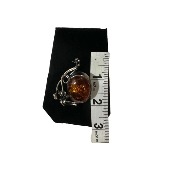 Vtg Signed M 925 Sterling Silver Natural Amber Cabochon Floral Brooch Pin 2” 13g - Picture 7 of 16